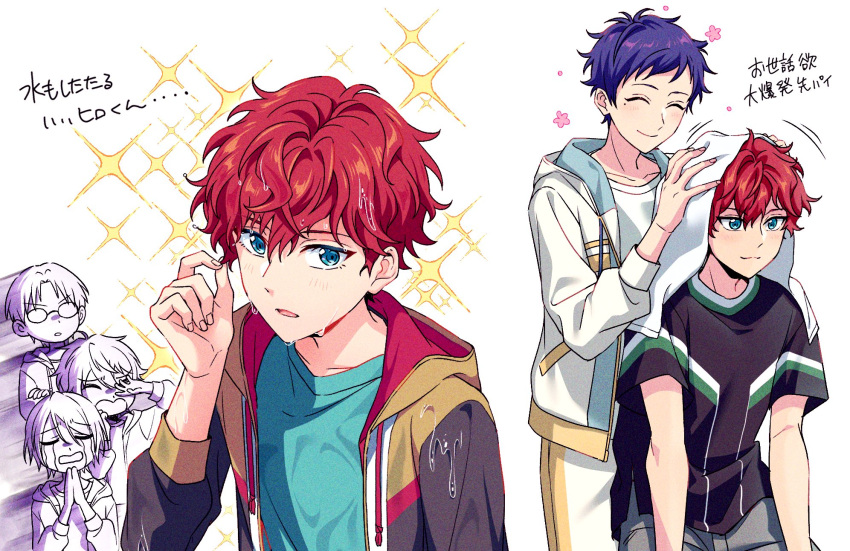 5boys, amagi_hiiro, blue_eyes, blue_hair, blush, character_request, closed_mouth, commentary_request
