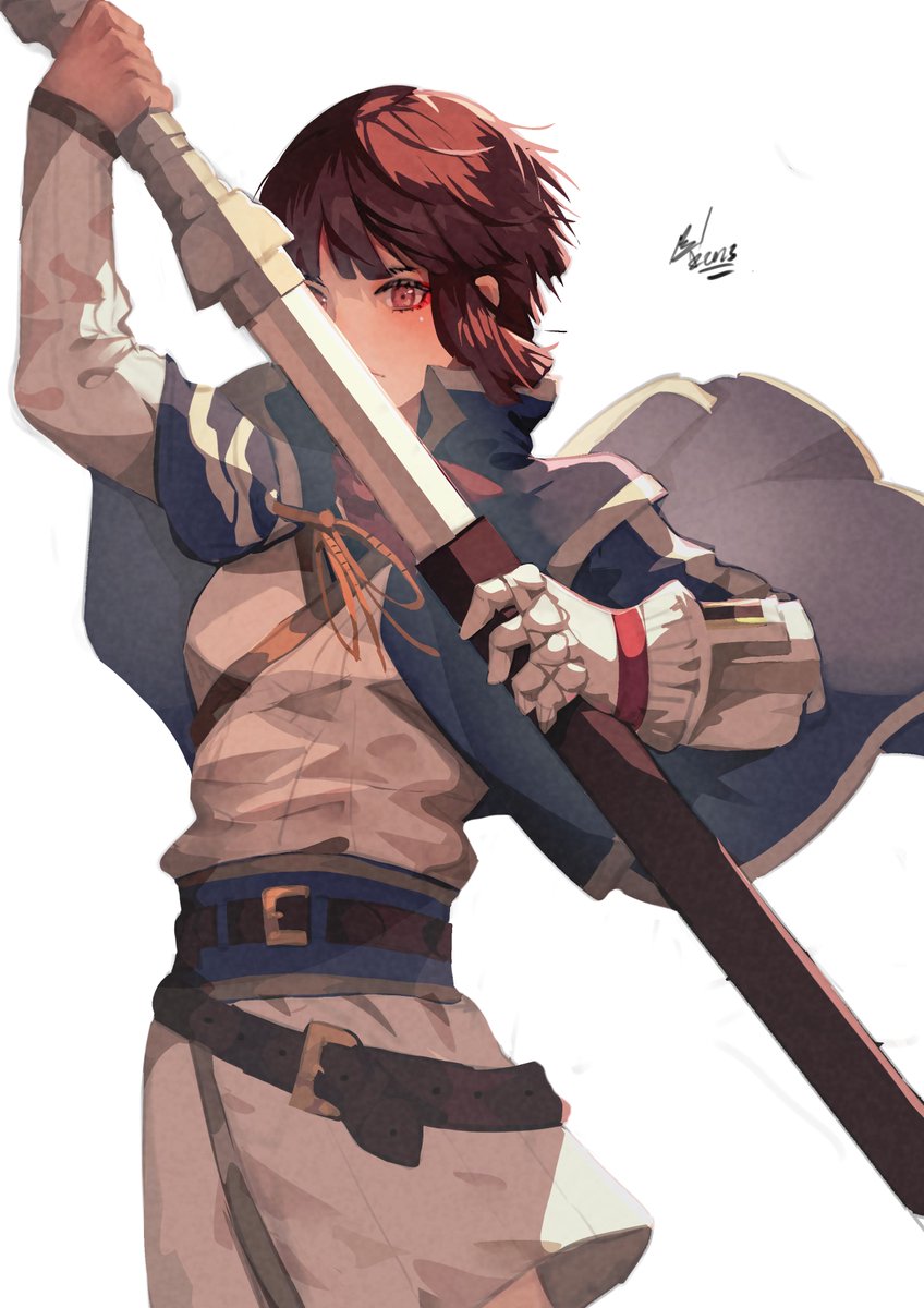 1girl, belt, blue_cape, brown_eyes, brown_hair, cape, gauntlets, highres, isabeau_(smt), redfountainpen, sheath, shin_megami_tensei, shin_megami_tensei_iv, simple_background, single_gauntlet, solo, sword, unsheathing, weapon, white_background