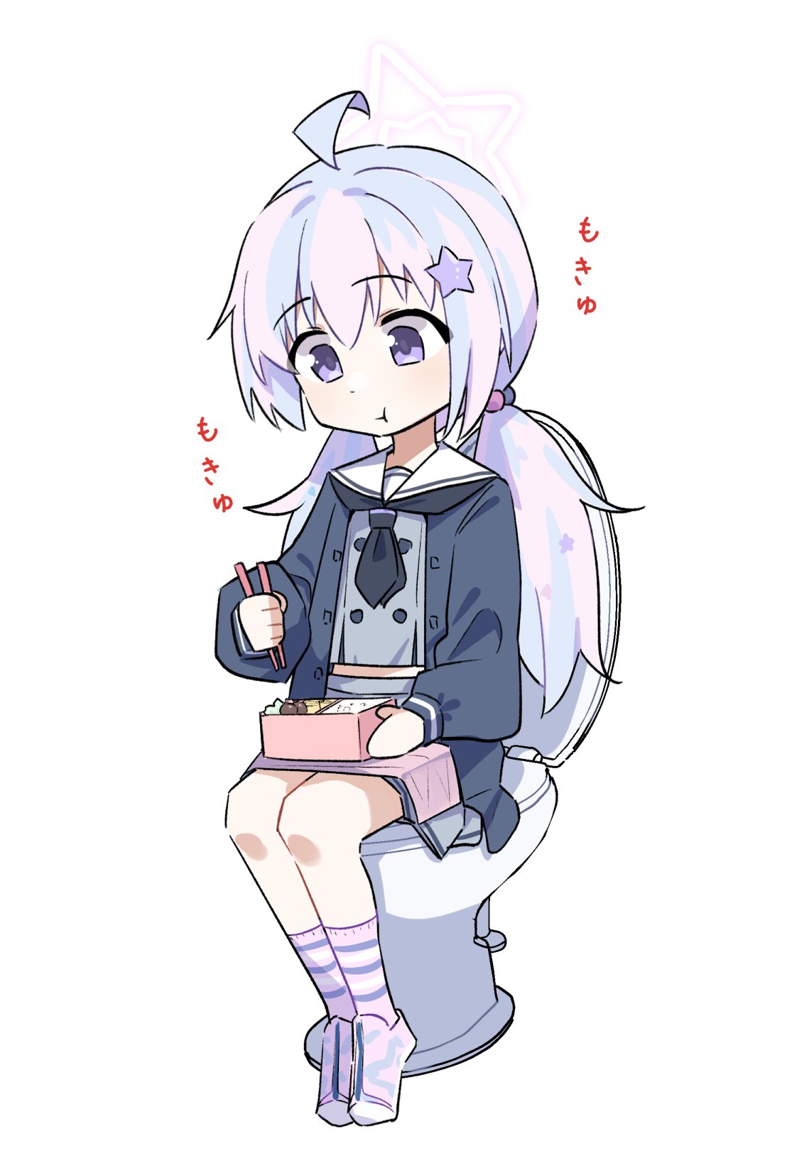 1girl, :t, bento, black_neckerchief, blue_archive, chopsticks, eating, food