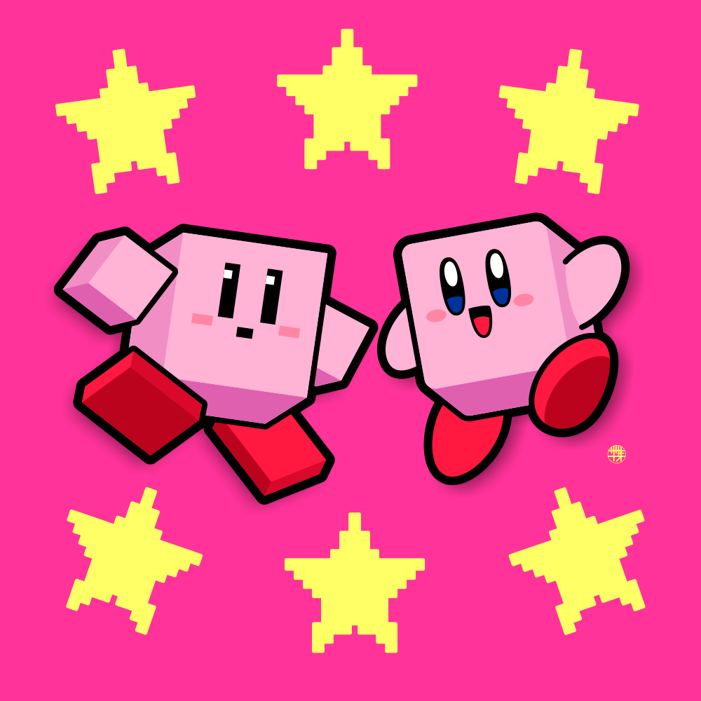 black_eyes, blue_eyes, blush_stickers, cube, dual_persona, kirby, kirby_(series), low_poly