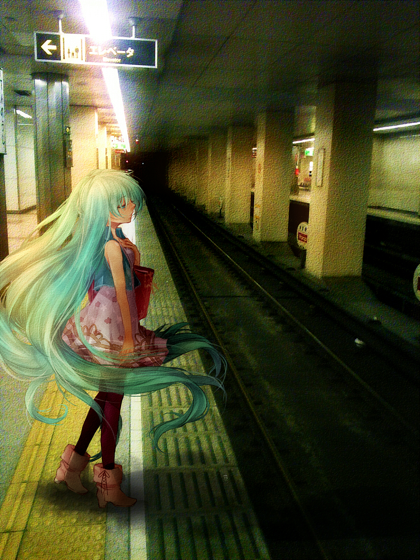 aqua_eyes, aqua_hair, bad_id, bag, boots, dress, hatsune_miku, koyomi_roentgen