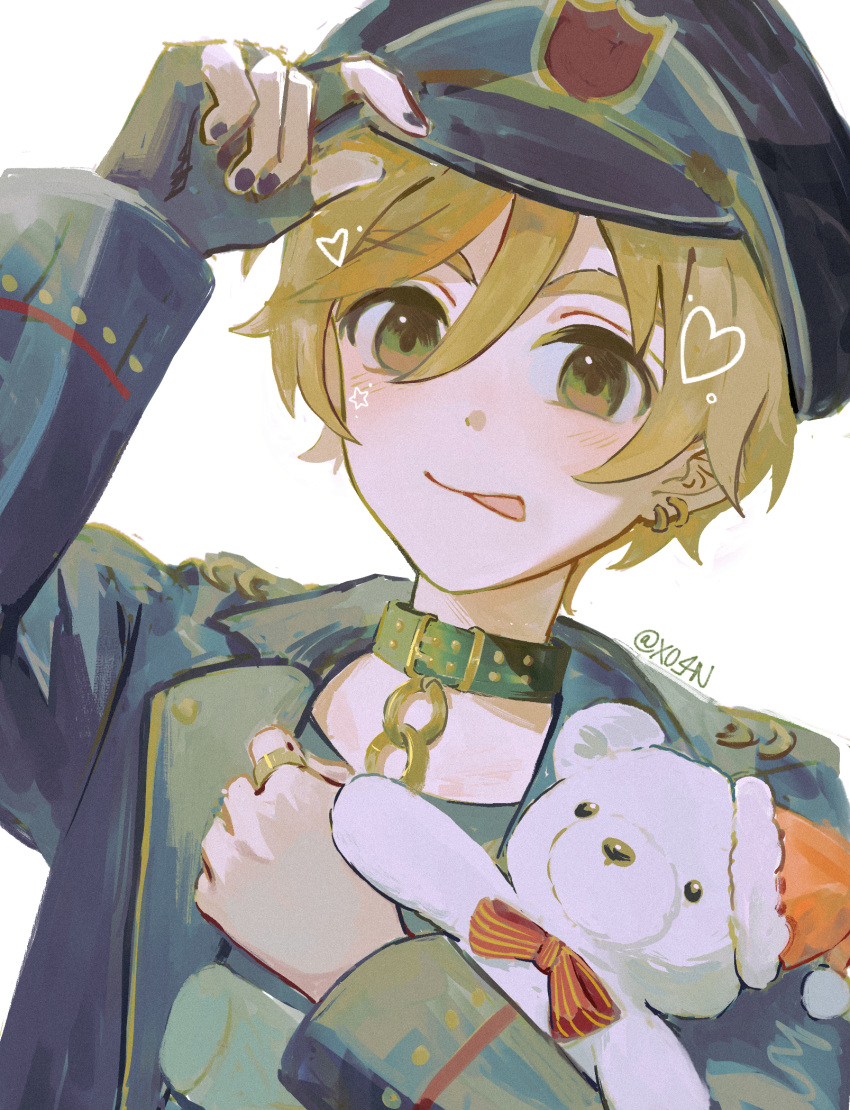 1boy, adjusting_clothes, adjusting_headwear, black_gloves, blush, bow, bowtie, brown_eyes