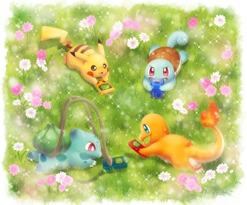 border, bright_pupils, brown_eyes, bulbasaur, charmander, flame-tipped_tail, flower, game_boy