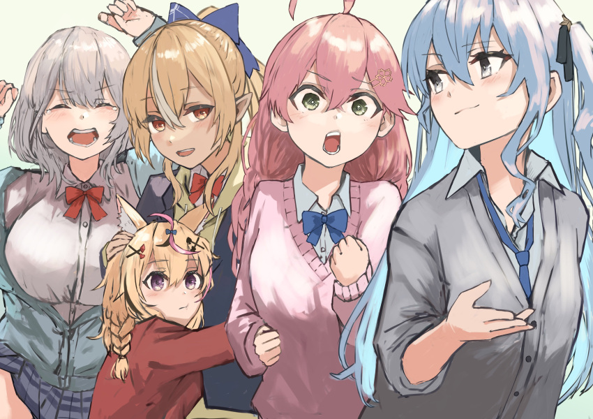5girls, absurdres, ahoge, alternate_costume, animal_ear_fluff, animal_ears, blonde_hair, blue_bow, blue_bowtie, blue_hair, bow, bowtie, braid, breasts, brown_eyes, clenched_hands, closed_eyes, commentary_request, fox_ears, fox_girl, green_eyes, grey_eyes, grey_hair, grey_jacket, hair_between_eyes, hair_ornament, hairclip, highres, hololive, hoshimachi_suisei, huge_breasts, jacket, long_hair, medium_hair, miniskirt, multiple_girls, omaru_polka, open_mouth, pink_hair, pink_jacket, pointy_ears, ponytail, red_bow, red_bowtie, sakura_miko, shiranui_flare, shiranui_kensetsu, shirogane_noel, simple_background, skirt, tears, virtual_youtuber, wing_collar, yagi0illust