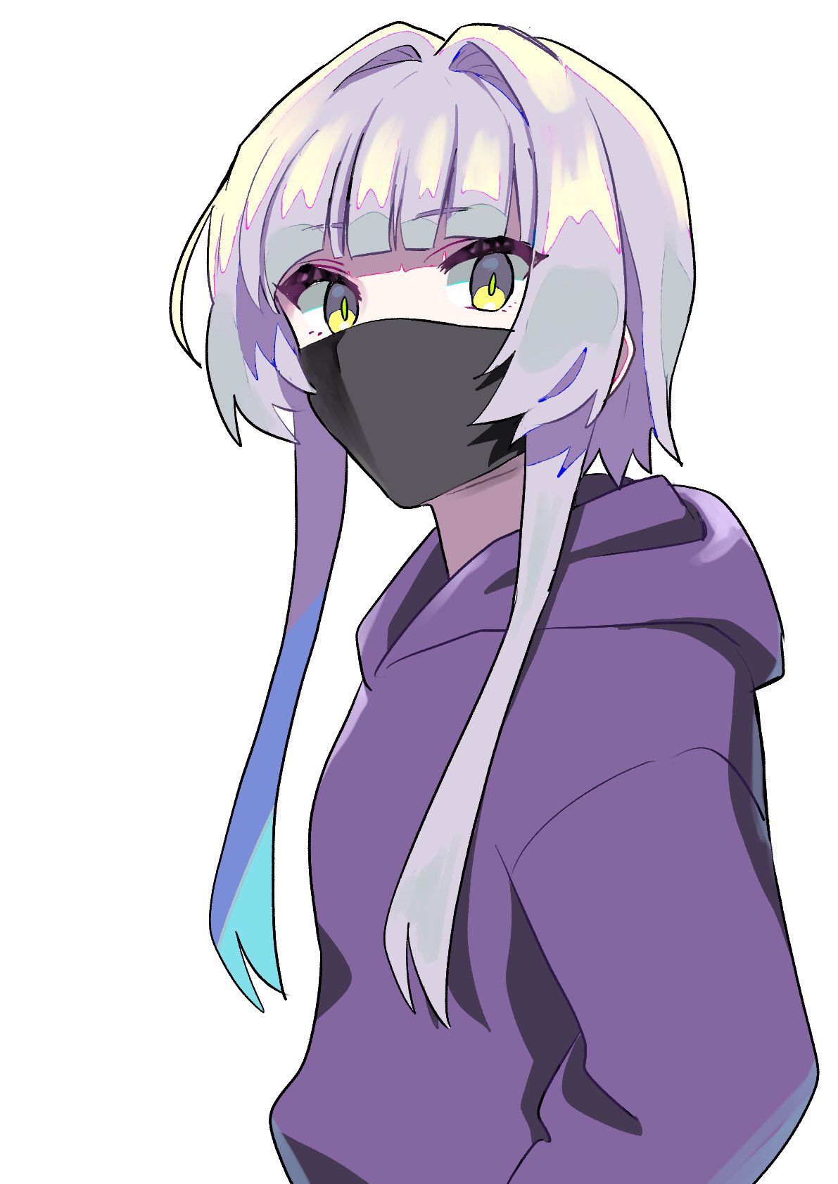 1girl, black_mask, blunt_bangs, bocchi_the_rock!, commentary, grey_hair, hasegawa_akubi, highres