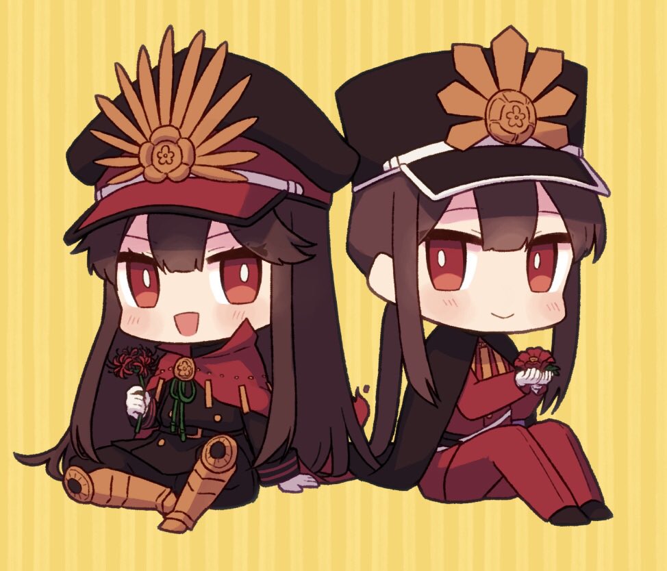 1boy, 1girl, belt, black_headwear, cape, chibi, fate/grand_order, fate_(series)