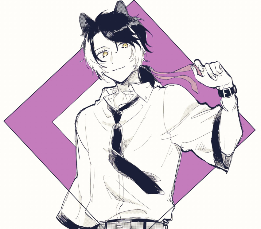 1boy, animal_ears, belt, belt_buckle, black_hair, bracelet, buckle, collared_shirt