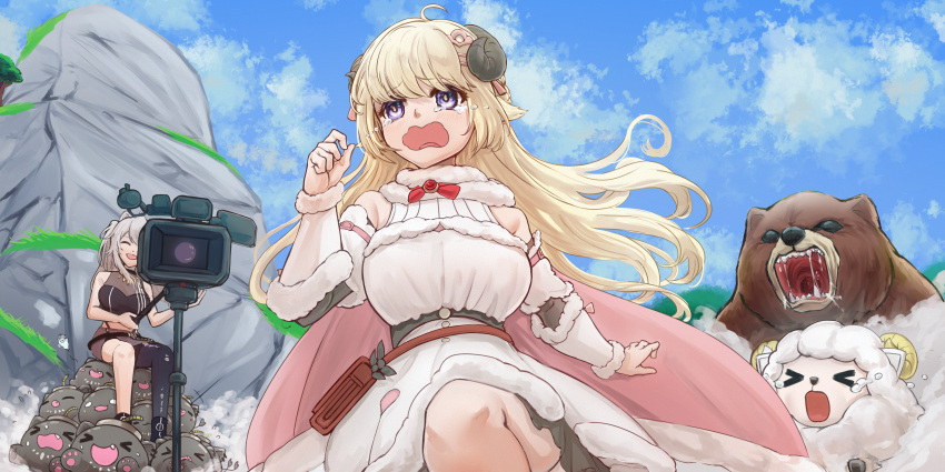 >_<, 2girls, :o, absurdres, ahoge, animal, animal_ears, bbyau_(yoyosobadgril)