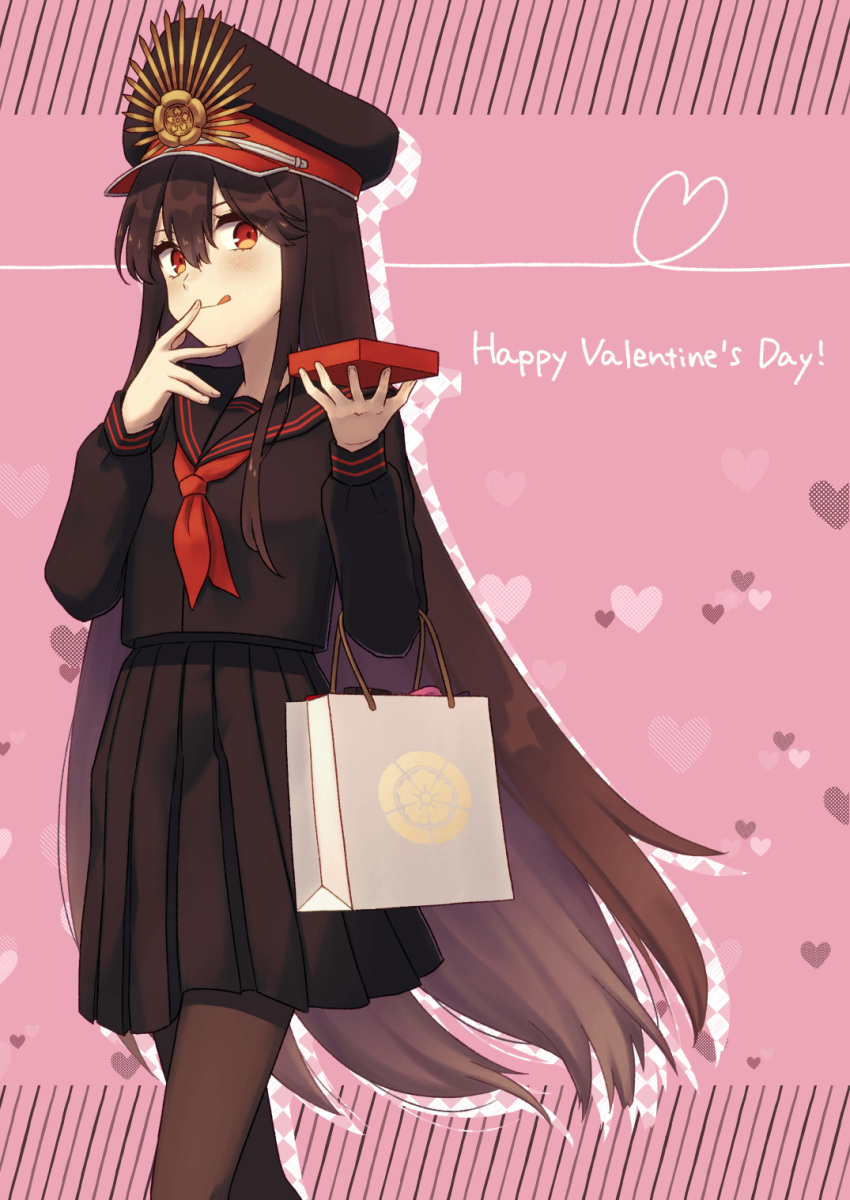 1girl, bag, black_hair, black_headwear, english_text, fate/grand_order, fate_(series), handbag, happy_valentine, hat, highres, leggings, licking_lips, long_hair, oda_nobunaga_(fate), oda_uri, red_eyes, school_uniform, smile, solo, tongue, tongue_out, yzrh0