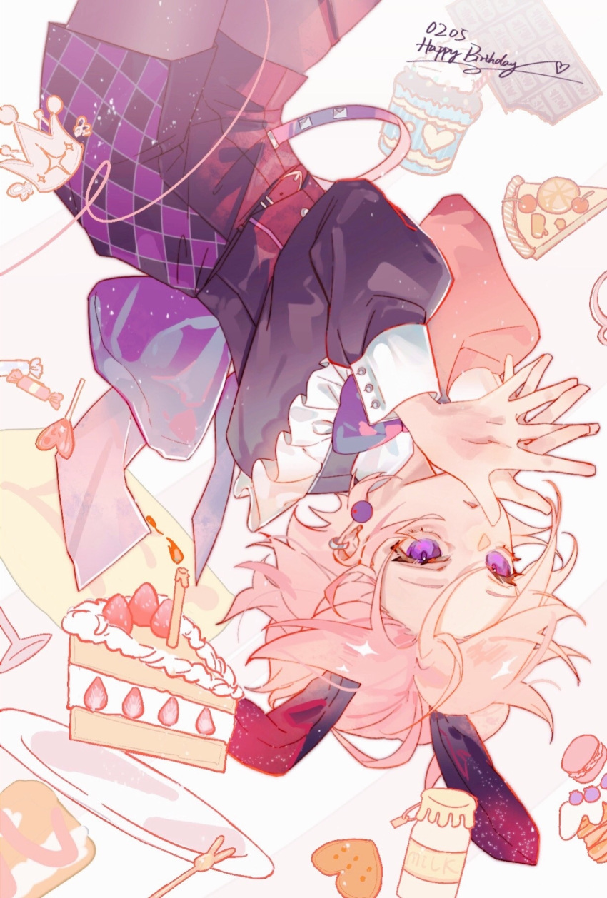 1boy, animal_ears, black_shirt, black_shorts, cake, candy, dated, ensemble_stars!, fake_animal_ears, food, fruit, happy_birthday, highres, lmmmb7, lollipop, long_sleeves, male_focus, multicolored_clothes, multicolored_shorts, official_alternate_costume, open_mouth, oukawa_kohaku, pink_hair, purple_shorts, rabbit_ears, shirt, short_hair, shorts, solo, stormcloud_fumble_(ensemble_stars!), strawberry, violet_eyes, white_background