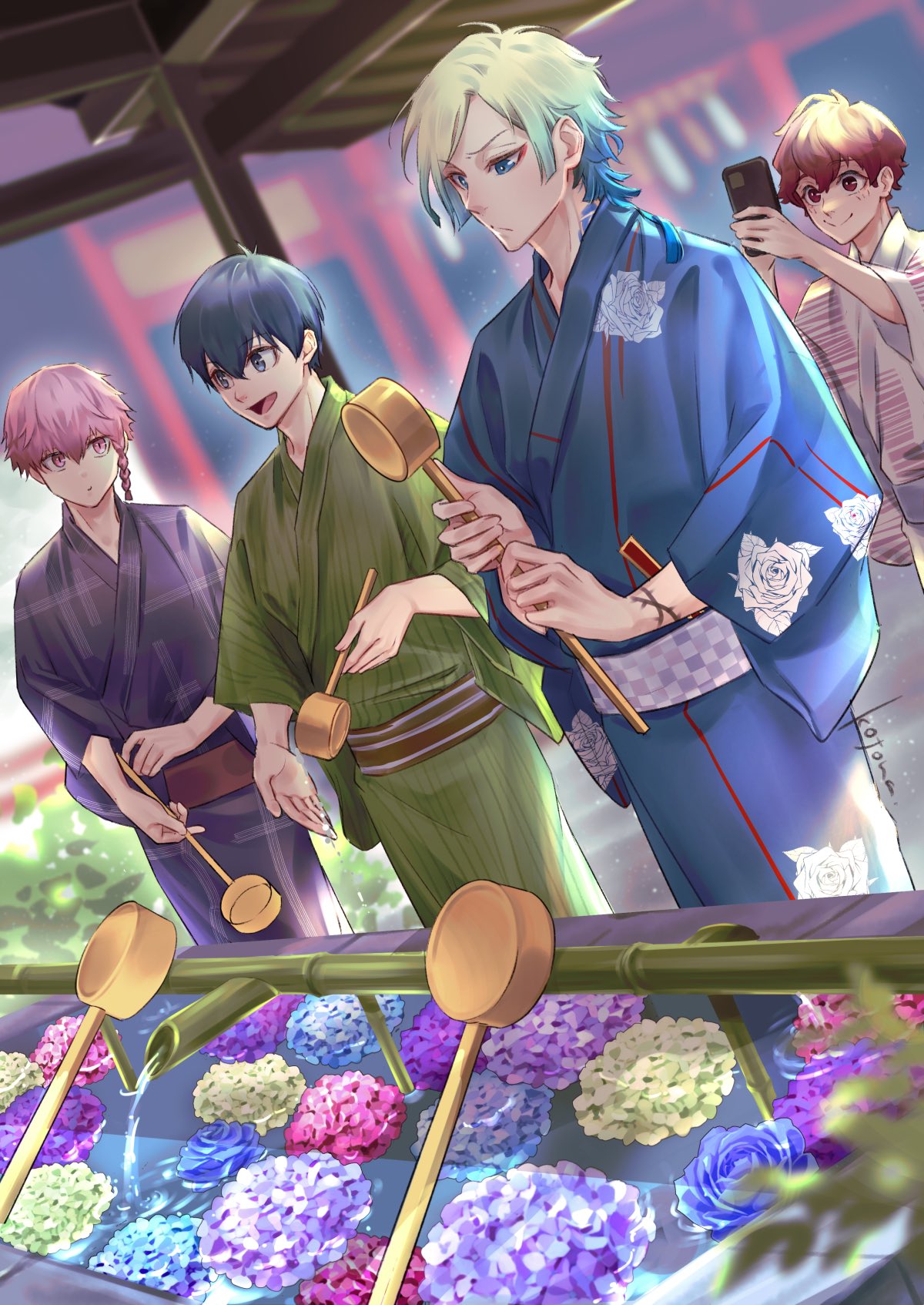 4boys, :d, alexis_ness, arm_tattoo, blonde_hair, blue_eyes, blue_hair, blue_kimono