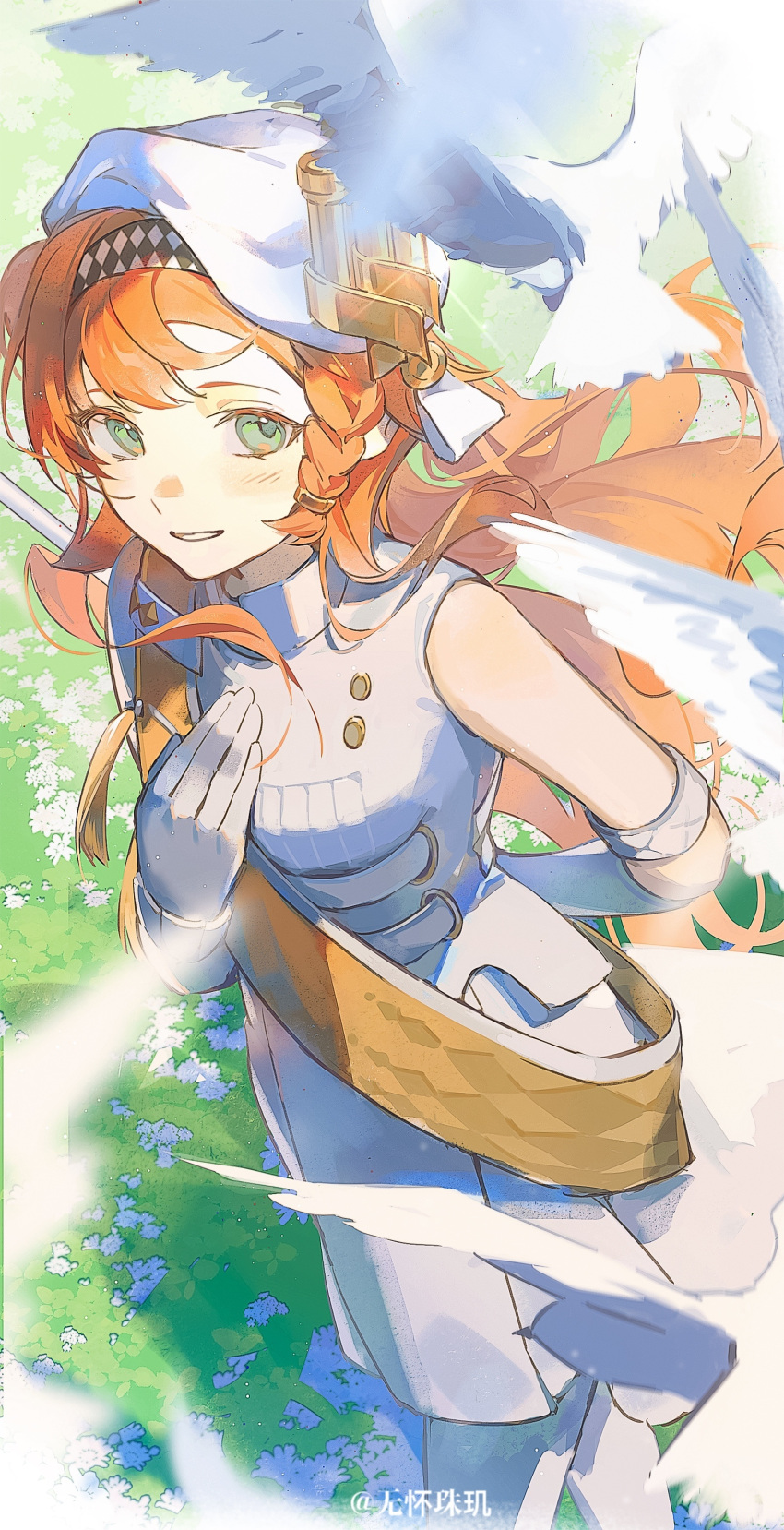 1girl, absurdres, armlet, artist_name, bare_shoulders, beret, bird, blurry, blurry_foreground, braided_sidelock, checkered_hairband, curly_hair, dove, dress, feet_out_of_frame, flower, from_above, gloves, grass, green_eyes, grin, hand_on_own_chest, hand_up, hat, hat_ornament, high_collar, highres, long_hair, looking_at_viewer, looking_up, on_grass, orange_hair, pantyhose, reverse:1999, sash, shoulder_sash, sleeveless, sleeveless_dress, smile, solo, sonneto_(reverse:1999), white_dress, white_flower, white_gloves, white_headwear, white_pantyhose, wuhuai_zhuji, yellow_sash