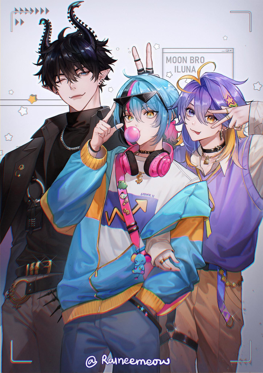 3boys, :p, adjusting_eyewear, ahoge, antenna_hair, arm_up, arrow_(symbol), artist_name