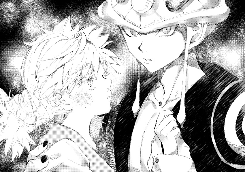 1boy, 1girl, arthropod_boy, black_nails, blind, chimera_ant, collarbone, greyscale