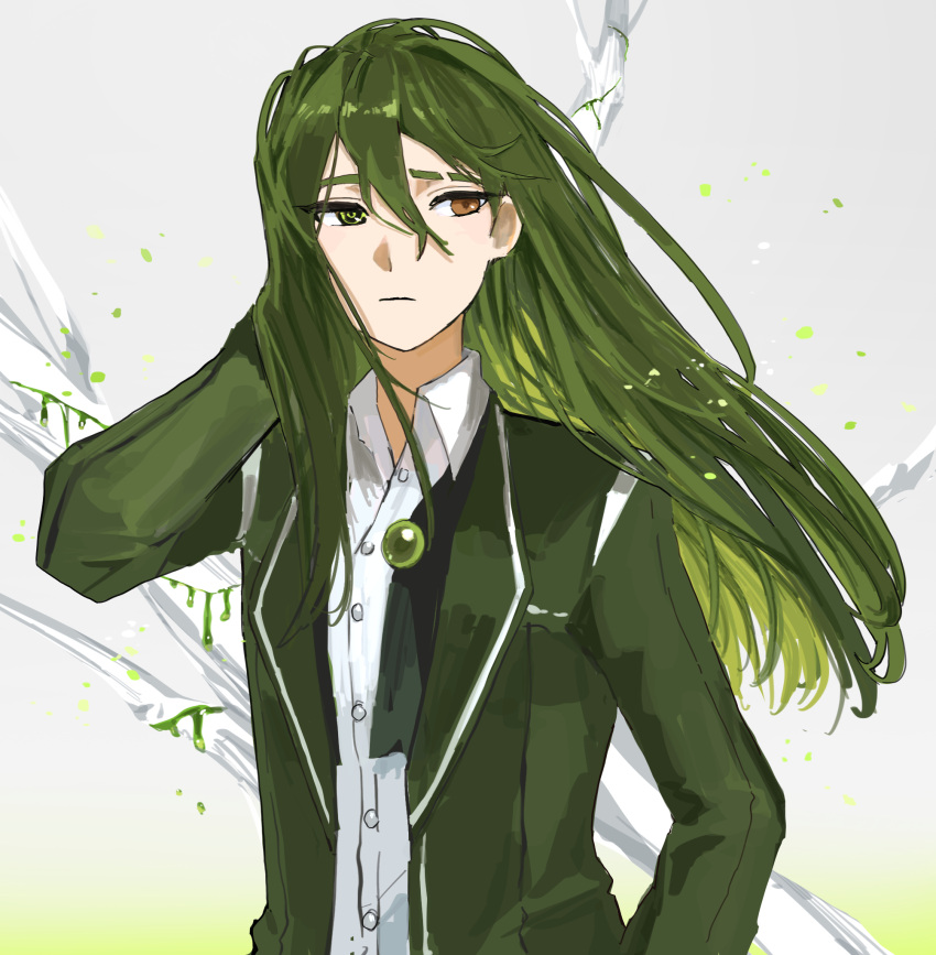 1boy, artificial_eye, ascot, brooch, choroi_amachori, closed_mouth, coat, enkephalin_(project_moon)