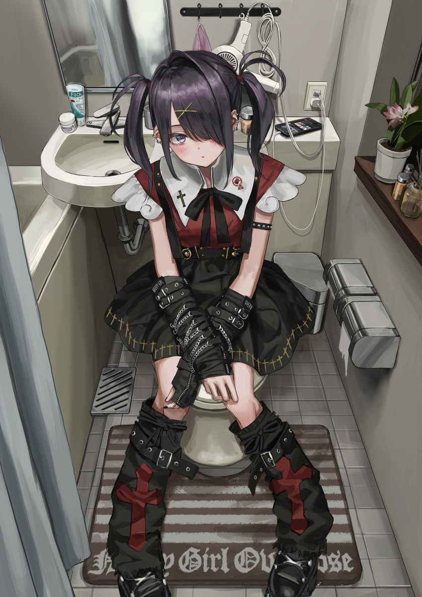1girl, absurdres, ame-chan_(needy_girl_overdose), arm_warmers, armlet, bathroom, belt_buckle, black_bow, black_bowtie, black_footwear, black_hair, black_skirt, blush, bow, bowtie, buckle, cellphone, chain, charger, collared_shirt, commentary, copyright_name, drain_(object), ear_piercing, emoji, english_commentary, english_text, frilled_sleeves, frills, hair_dryer, hair_ornament, hair_over_one_eye, highres, leg_warmers, long_hair, looking_at_viewer, mirror, nadegata, needy_girl_overdose, phone, piercing, plant, poop_emoji, potted_plant, red_shirt, shirt, short_sleeves, sidelocks, sitting, skirt, smartphone, solo, studded_armlet, tile_floor, tiles, toilet, twintails, violet_eyes, x_hair_ornament