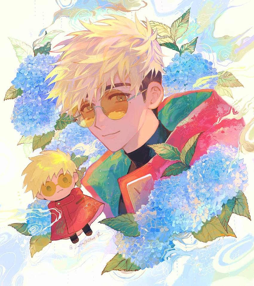 1boy, black_hair, black_shirt, blonde_hair, blue_flower, character_doll, flower, glasses