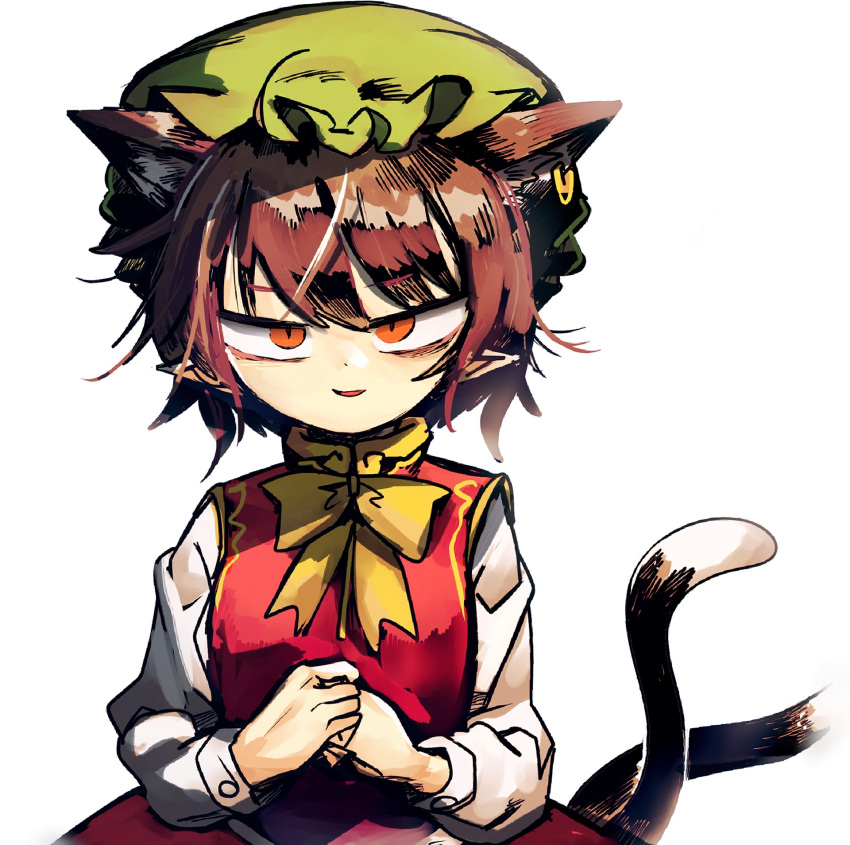 1girl, :d, animal_ears, bow, bowtie, breasts, brown_hair, cat_ears