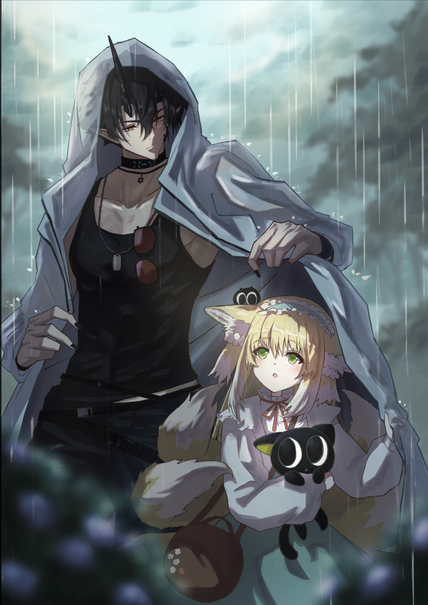 1boy, 1girl, absurdres, animal, animal_ear_fluff, animal_ears, aqua_hairband, aqua_skirt