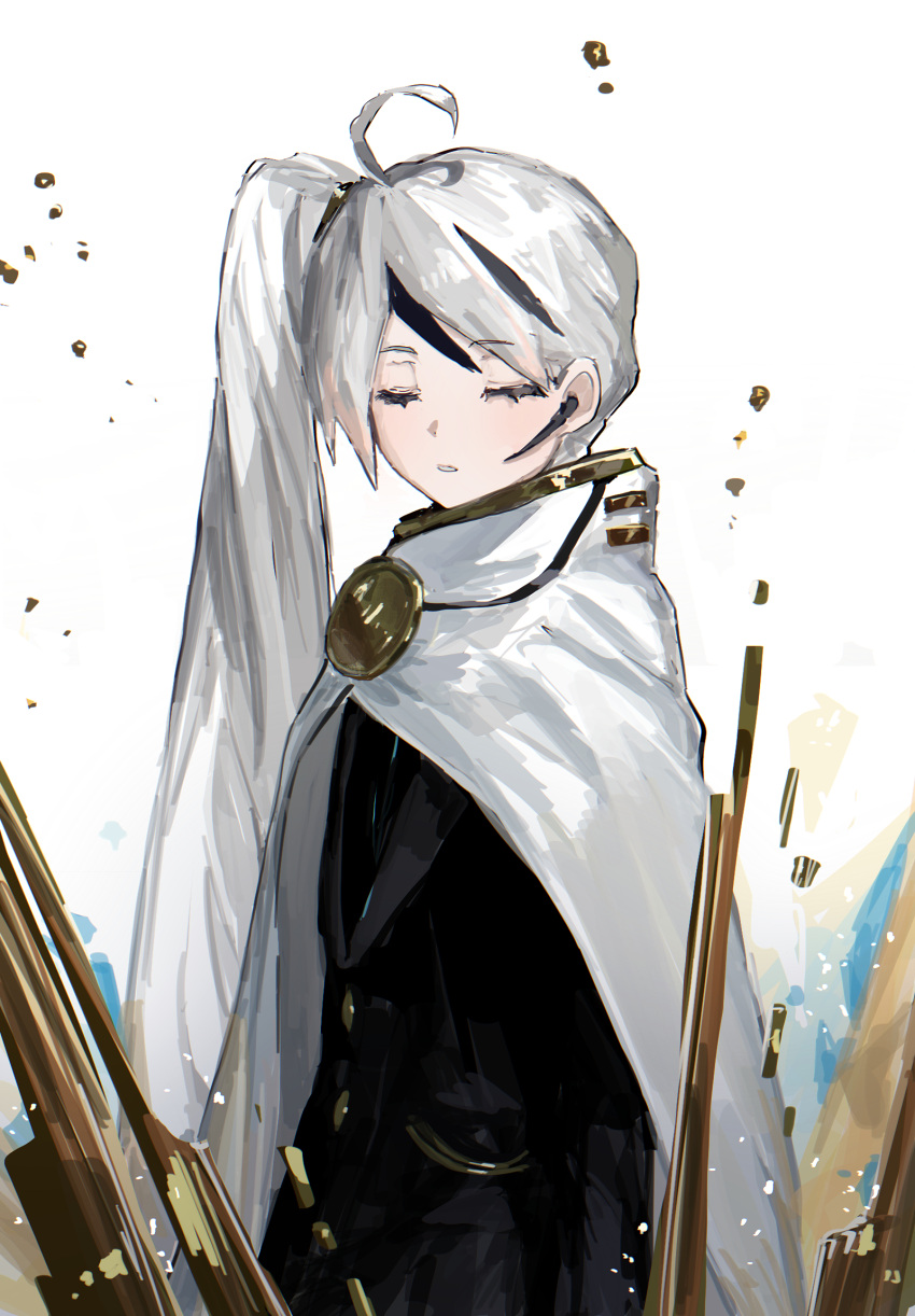 1boy, ahoge, badge, black_jacket, buttons, cape, choroi_amachori, closed_eyes