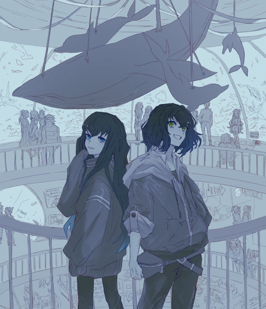 absurdres, agatsuma_zenitsu, algae, aquarium, black_hair, blue_eyes, choroi_amachori, contemporary