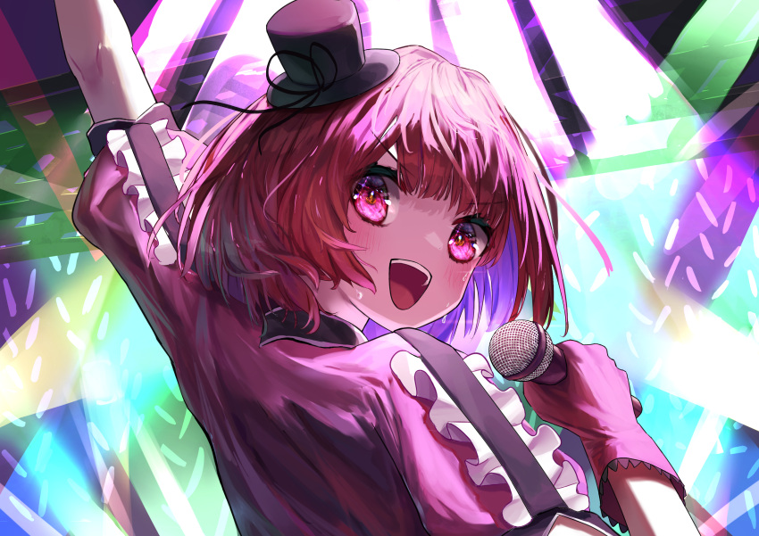 1girl, :d, absurdres, arima_kana, arm_up, audience, blush, bob_cut