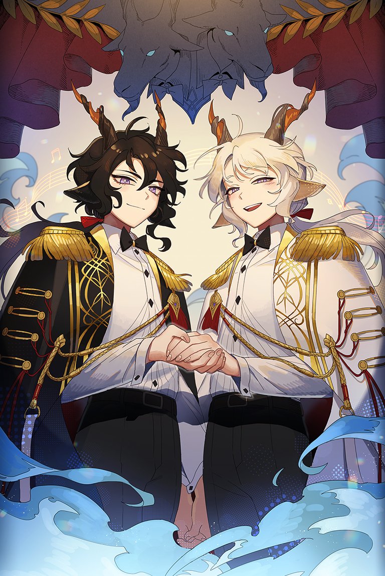 2boys, :d, aiguillette, alternate_costume, animal_ears, arknights, belt, black_belt