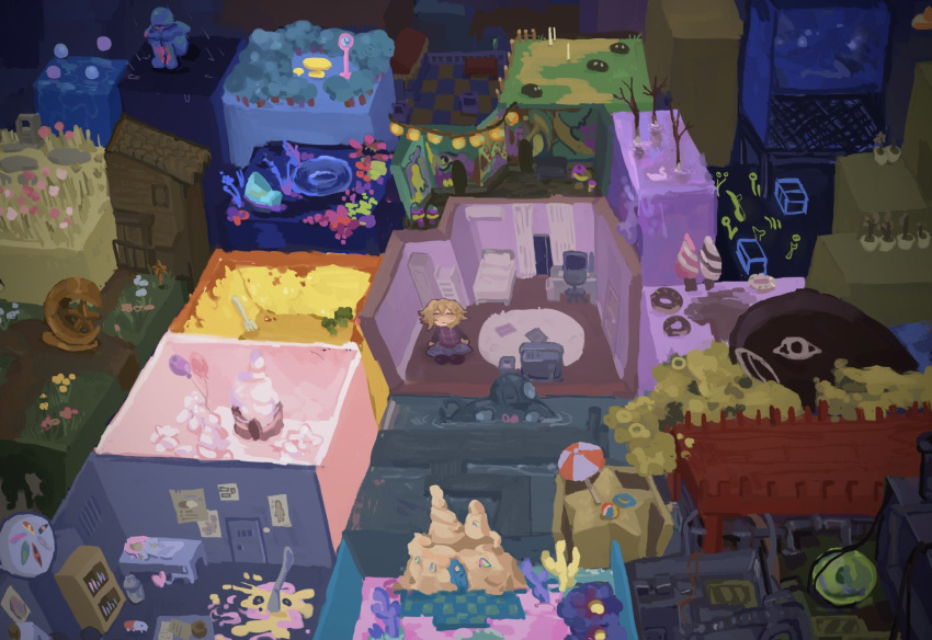 1other, 2girls, ani_(sproutbox02), ball, balloon, bare_tree, beach_umbrella, beachball, bed, bedroom, bird, black_sweater, blonde_hair, broccoli, cabin, chair, character_request, checkered_floor, chibi, clock, closed_eyes, closed_mouth, commentary, computer, coral, creature, curtains, cyclops, desk, doughnut, facing_up, facing_viewer, field, flipped_hair, flower, flower_field, food, fork, grey_skirt, highres, hugging_own_legs, innertube, isometric, knife, long_sleeves, machinery, multiple_girls, office_chair, on_bed, on_floor, one-eyed, oversized_food, oversized_object, planted, planted_knife, purple_vest, rain, rug, sand, sand_castle, sand_sculpture, shoes, short_hair, sitting, skirt, slime_(creature), standing, star_and_crescent, string_of_light_bulbs, submarine, swan, sweater, swivel_chair, television, tree, umbrella, urotsuki, vest, water, watercraft, yume_2kki