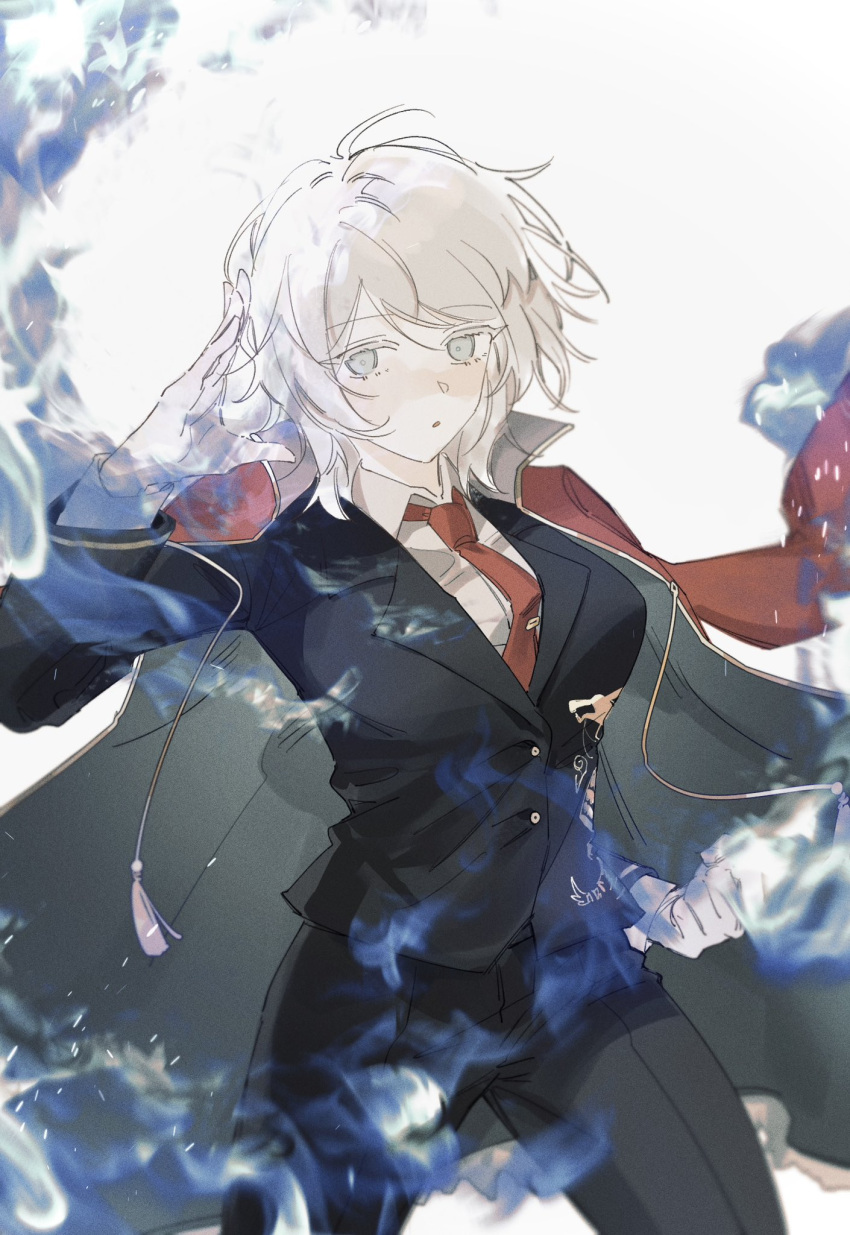 1girl, black_jacket, black_pants, blue_eyes, blush, coat, coat_on_shoulders, dragon_print