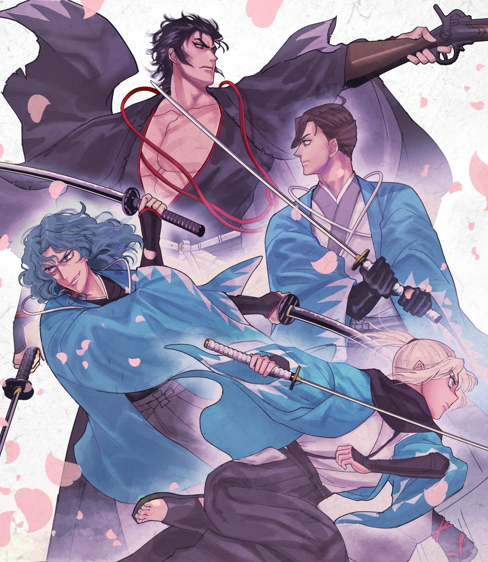 1girl, 3boys, abs, ahoge, aiming, arm_guards, belt, black_cape