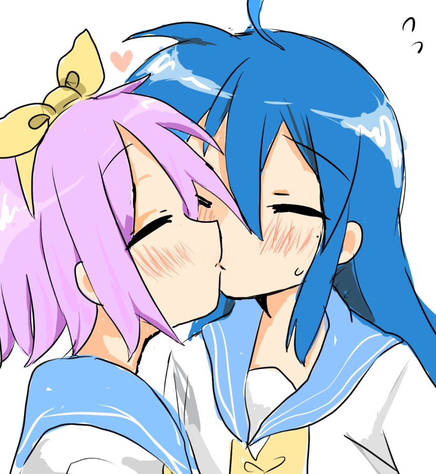 2girls, blue_hair, blush, closed_eyes, hair_between_eyes, heart, highres, hiiragi_tsukasa, izumi_konata, kagamiko_hanana, kiss, lucky_star, mole, mole_under_eye, multiple_girls, purple_hair, school_uniform, simple_background, tagme, white_background, yuri