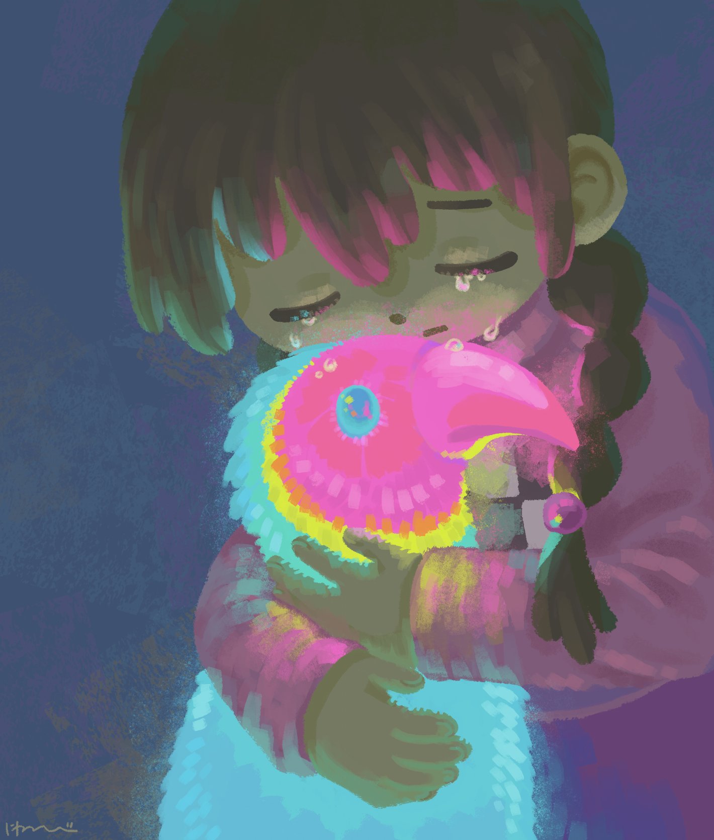 1girl, animal_hug, blue_background, braid, brown_hair, closed_eyes, closed_mouth, commentary, crying, facing_viewer, furrowed_brow, glowing, hair_over_shoulder, highres, long_hair, long_sleeves, madotsuki, neon_parrot_(yume_nikki), niwasakino_daei, print_sweater, raised_eyebrows, signature, solo, sweater, turtleneck, turtleneck_sweater, twin_braids, upper_body, yume_nikki