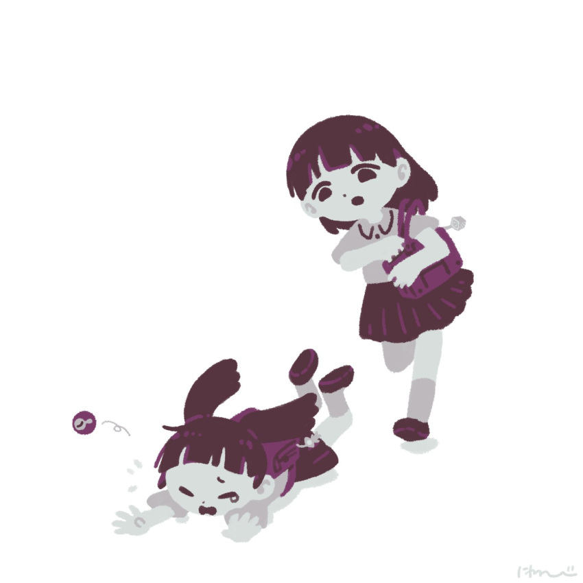 2girls, :o, backpack, bag, bag_charm, blunt_bangs, charm_(object), closed_eyes
