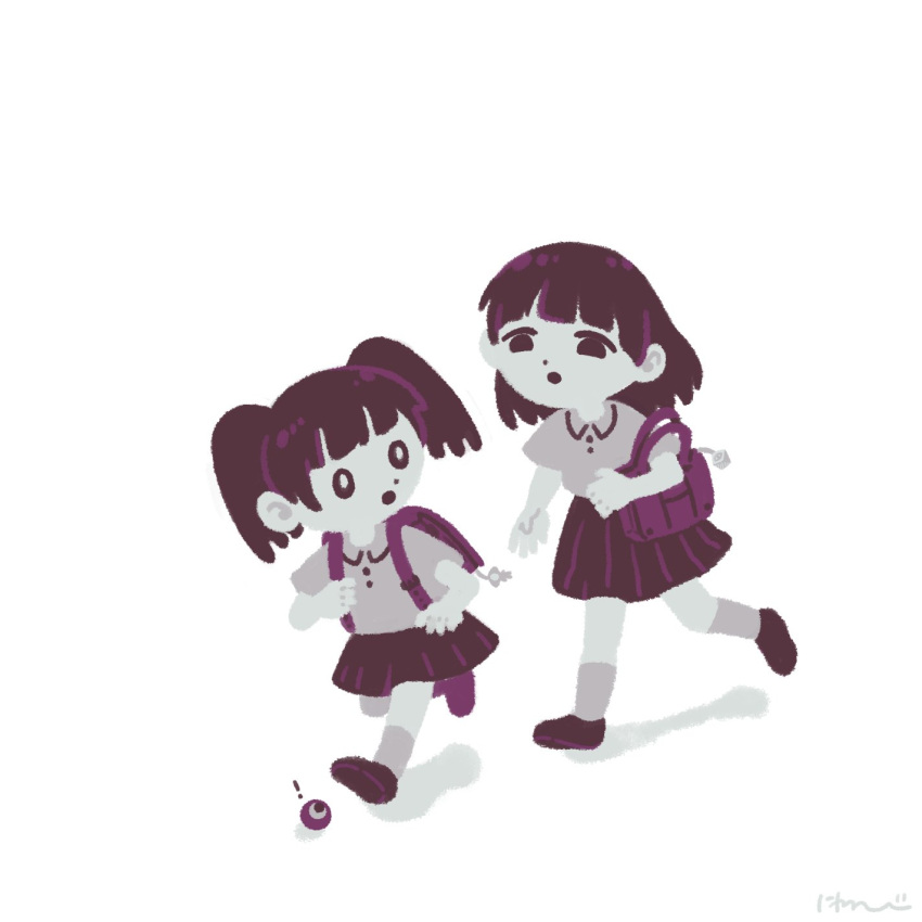 !, 2girls, :o, backpack, bag, bag_charm, blunt_bangs, bright_pupils