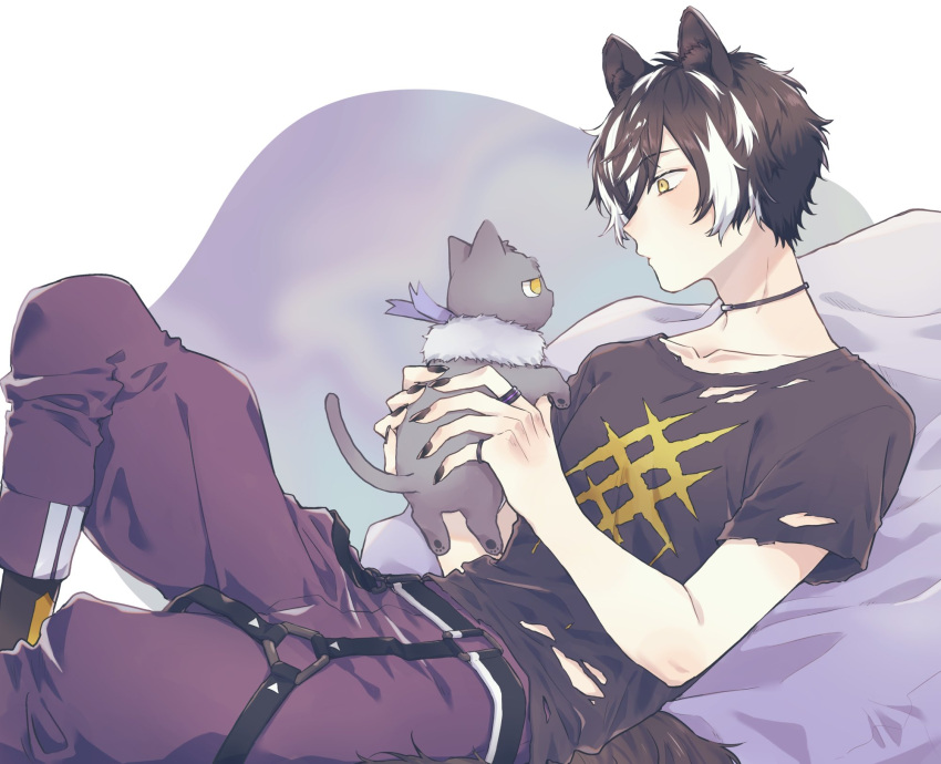 1boy, animal, animal_ears, black_choker, black_hair, black_nails, black_shirt, blush