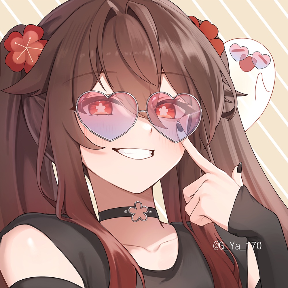 1girl, black_choker, black_nails, blush, boo_tao_(genshin_impact), brown_hair, choker, collarbone