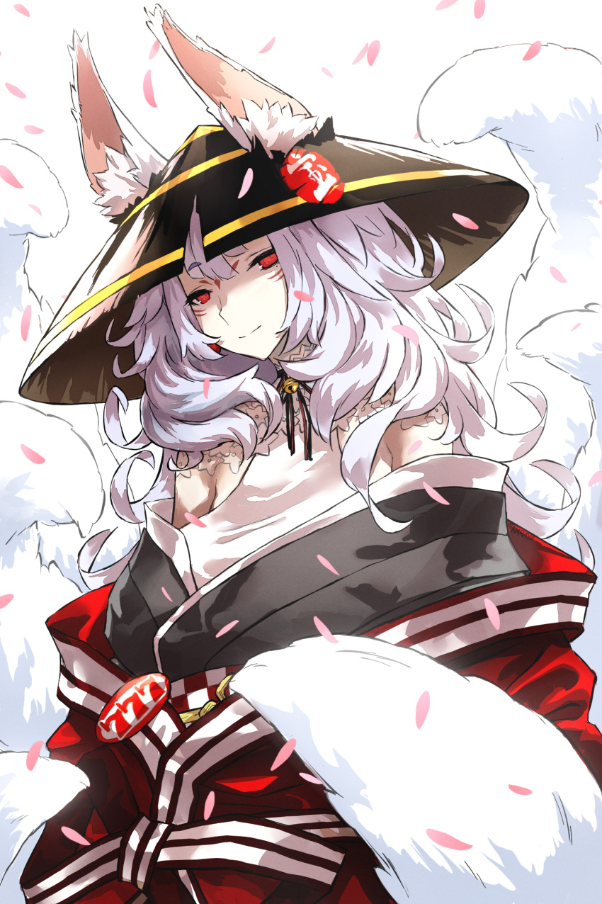 1girl, animal_ear_fluff, animal_ears, black_kimono, breasts, checkered_sash, eyeshadow, facial_mark