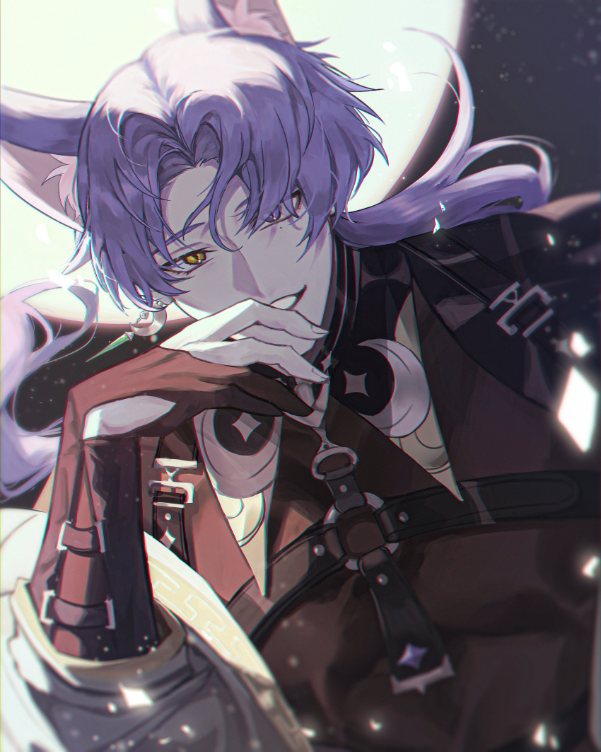 absurdres, animal_ears, bishounen, black_gloves, earrings, fox_boy, fox_ears, gloves, heterochromia, highres, hopi_9898, jewelry, kuya_(nu_carnival), long_hair, long_sleeves, looking_at_viewer, male_focus, mole, mole_under_eye, nu_carnival, partially_fingerless_gloves, ponytail, purple_hair, smile, violet_eyes, yellow_eyes