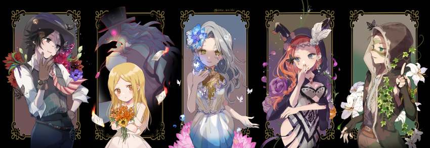 3boys, 3girls, absurdres, armlet, belt, bird_mask, black_eyes, black_gloves