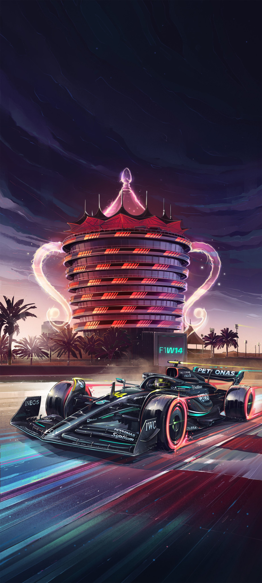 1boy, absurdres, andrew_mytro, car, driving, english_commentary, formula_one, glowing