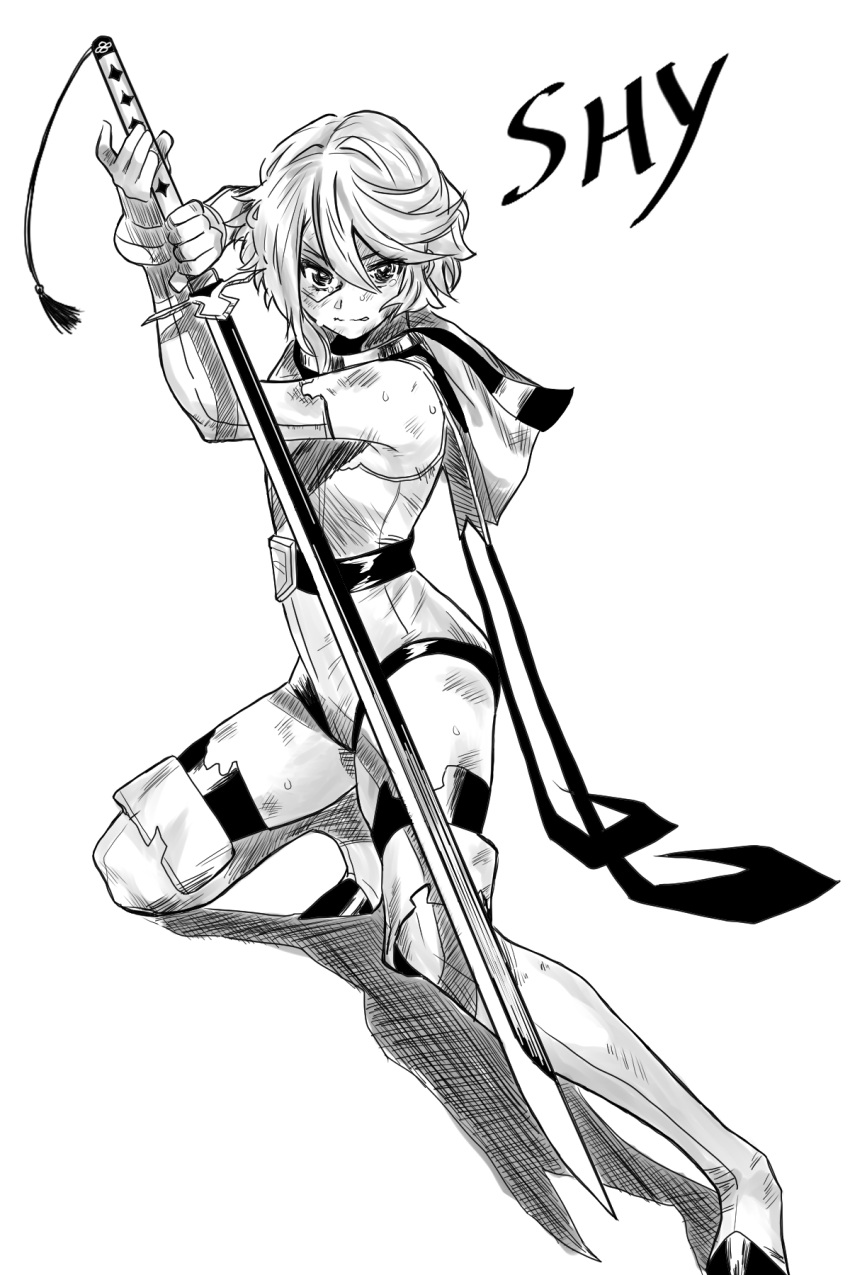 1girl, bare_shoulders, boots, bruise, character_name, elbow_gloves, gloves, greyscale, hands_up, highres, holding, holding_sword, holding_weapon, hood, hood_down, injury, katana, leotard, looking_at_viewer, monochrome, noboo, short_hair, shy_(character), shy_(series), solo, sword, thigh-highs, thigh_boots, weapon