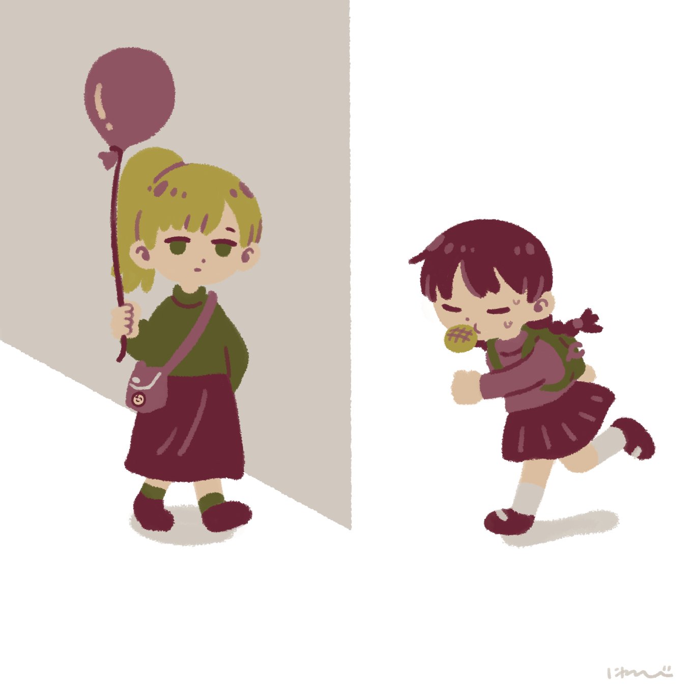 2girls, around_corner, backpack, bag, balloon, blonde_hair, braid, bread