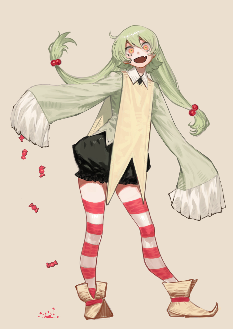 1girl, :d, beads, black_shorts, bukimi_isan, candy, collared_shirt, fang, food, full_body, green_hair, grey_background, hair_beads, hair_between_eyes, hair_ornament, kfufu_(shy), leaning_forward, long_hair, long_sleeves, looking_at_viewer, orange_eyes, red_thighhighs, shirt, shoes, shorts, shy_(series), simple_background, smile, striped, striped_thighhighs, thigh-highs, white_background