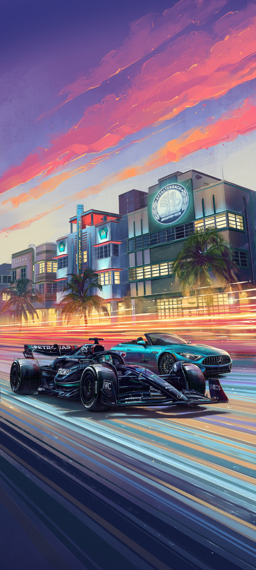 1boy, absurdres, andrew_mytro, car, clouds, convertible, driving, formula_one, george_russell, helmet, highres, mercedes-benz, motion_blur, motor_vehicle, official_art, promotional_art, race_vehicle, racecar, sky, vehicle_focus, vehicle_request