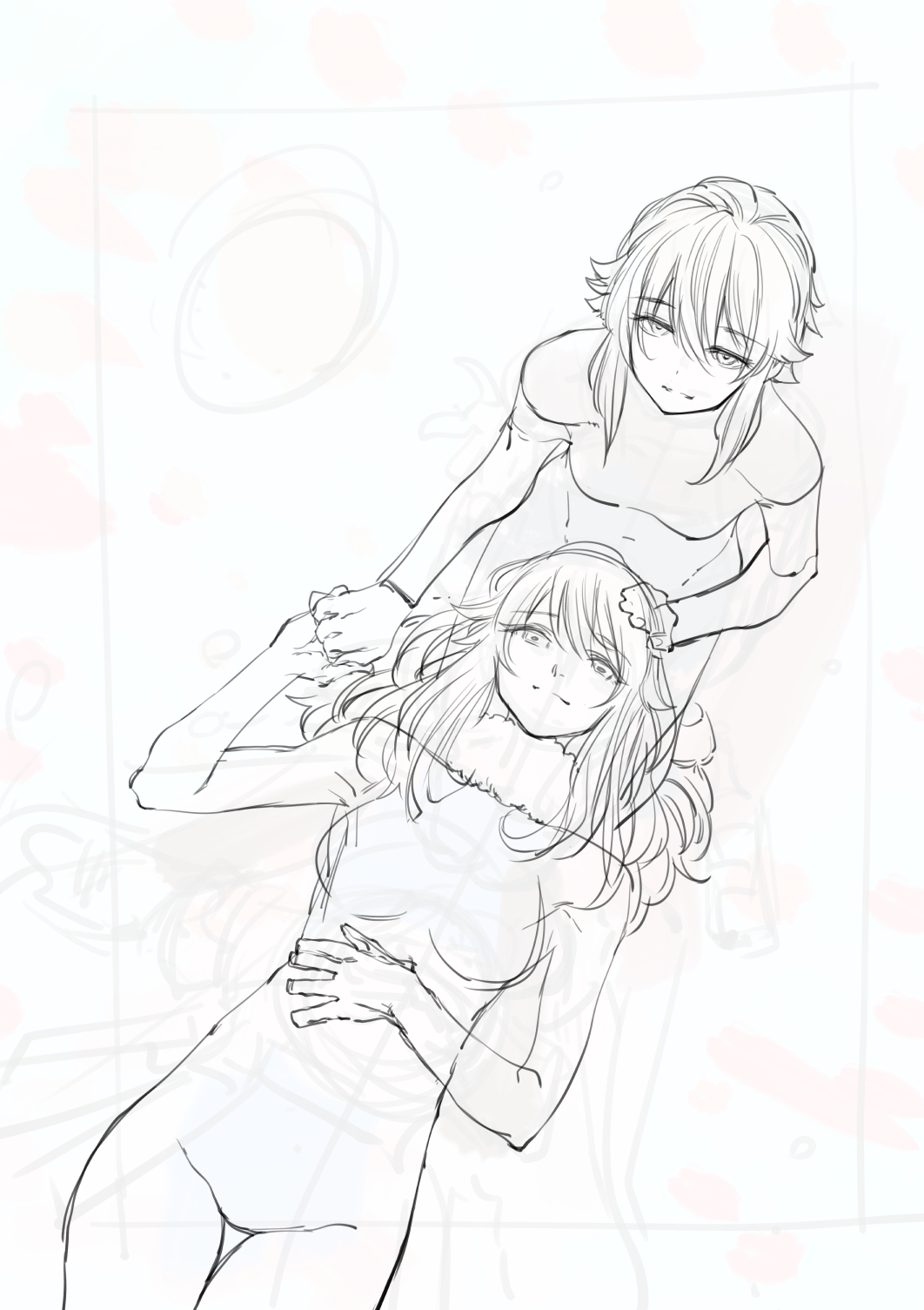 2girls, andreanof_pepesha, breasts, bukimi_isan, cowboy_shot, fur_collar, hair_between_eyes, hand_on_own_stomach