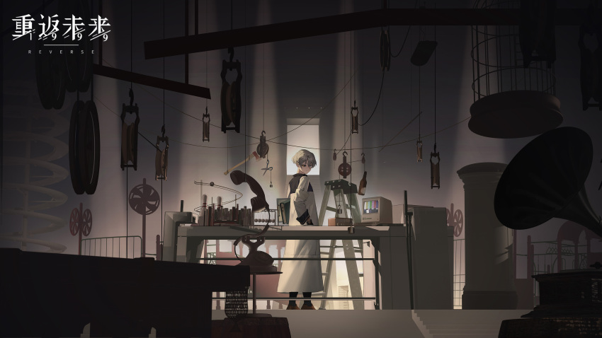 1boy, antique_telephone, apple_inc., birdcage, black_sclera, black_socks, blue_eyes, book