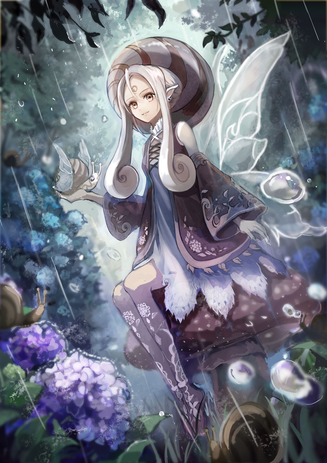 1girl, animal, dress, earrings, fairy_wings, flower, glowing_tattoo, grass