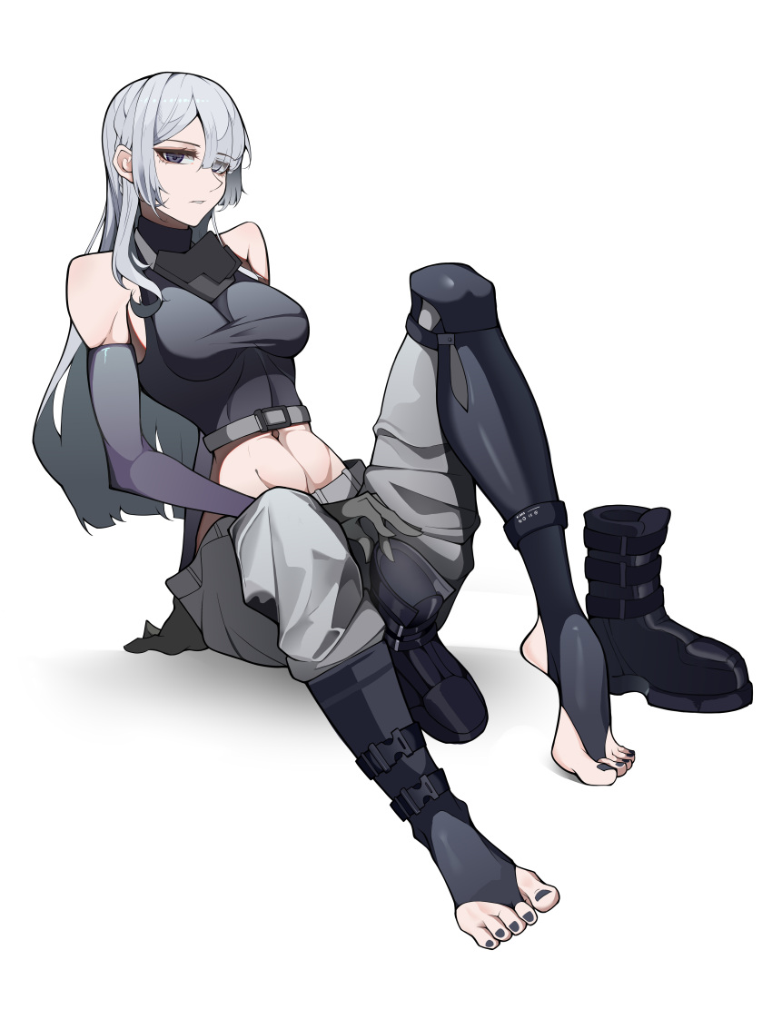 1girl, abs, absurdres, ak-15_(girls'_frontline), boots, breasts, elbow_gloves, girls_frontline, gloves, highres, large_breasts, long_hair, looking_at_viewer, navel, simple_background, sitting, solo, stomach, swept_bangs, tactical_clothes, tank_top, violet_eyes, white_background, white_hair, yat_(tsmn7245)