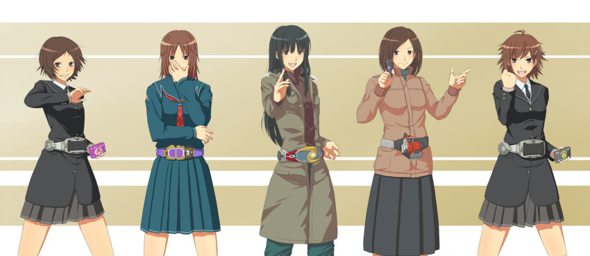 amagami, ayatsuji_yukari, belt, character_request, highres, itou_kanae_(amagami), itou_nakae, jacket, kamen_rider, kamen_rider_agito, kamen_rider_agito_(series), kamen_rider_blade_(series), kamen_rider_gai, kamen_rider_leangle, kamen_rider_ohja, kamen_rider_ouja, kamen_rider_ryuki_(series), kamen_rider_skull, kamen_rider_w, kimi_kiss, kurosano_noriko, kurosawa_noriko, makihara_mika, parody, pose, school_uniform, toki_(artist), yamaguchi_ayumi
