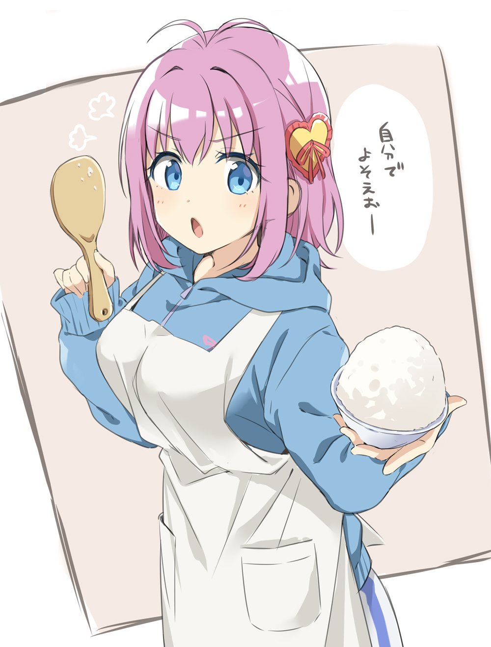 1girl, amauri_miruki, antenna_hair, apron, blue_eyes, blue_hoodie, blush, bowl